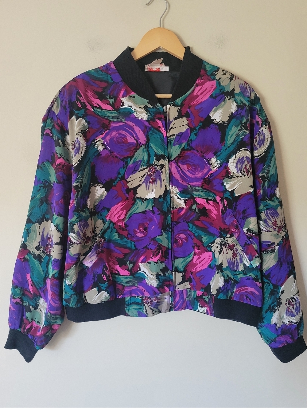 Vintage 90s Floral Satin Bomber Jacket Maximalist Spring Watercolour Size Large